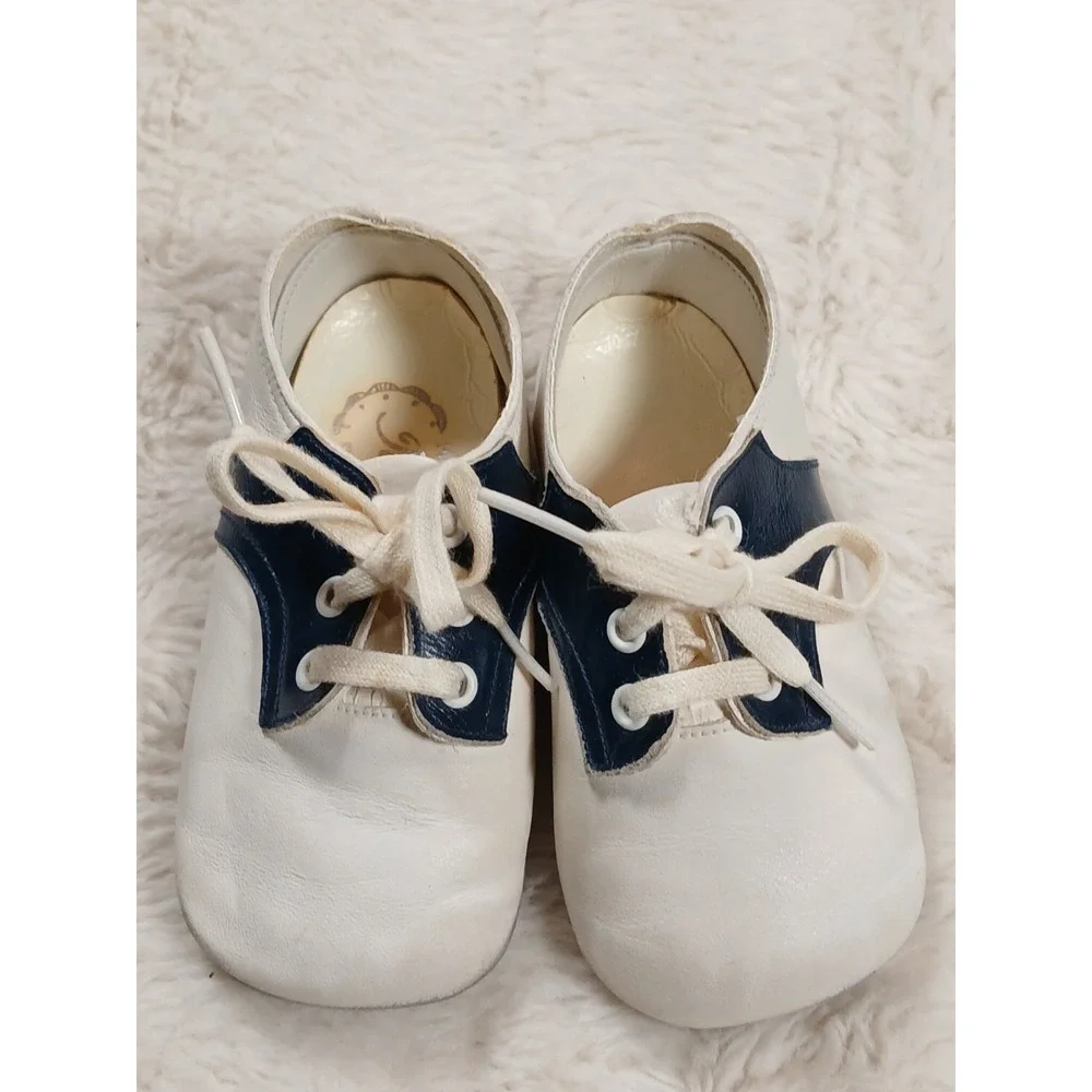 Vtg Mrs. Day's Ideal Baby Shoe White & Navy‎ Soft Leather Shoes Infant  Wearable